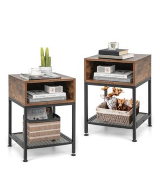Industrial Nightstand End Side Table with Mesh Shelf