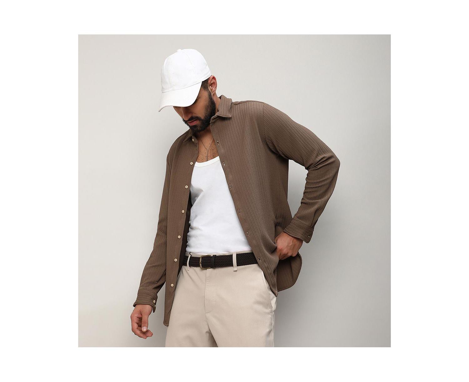 Men's Tan Brown Stripe-Creased Shirt