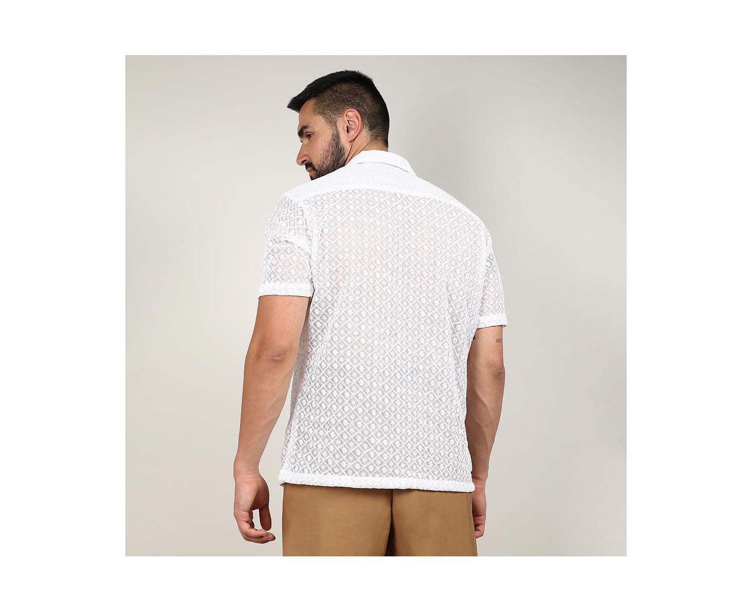 Men's Chalk White Floral Embroidered Shirt