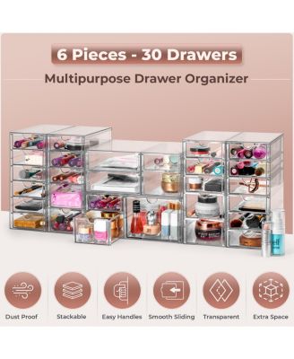30 Drawers Acrylic Organizer for Makeup, Organization and Storage, Art Supplies, Jewelry, Stationary - 6 Pcs Clear Stackable Storage Drawers