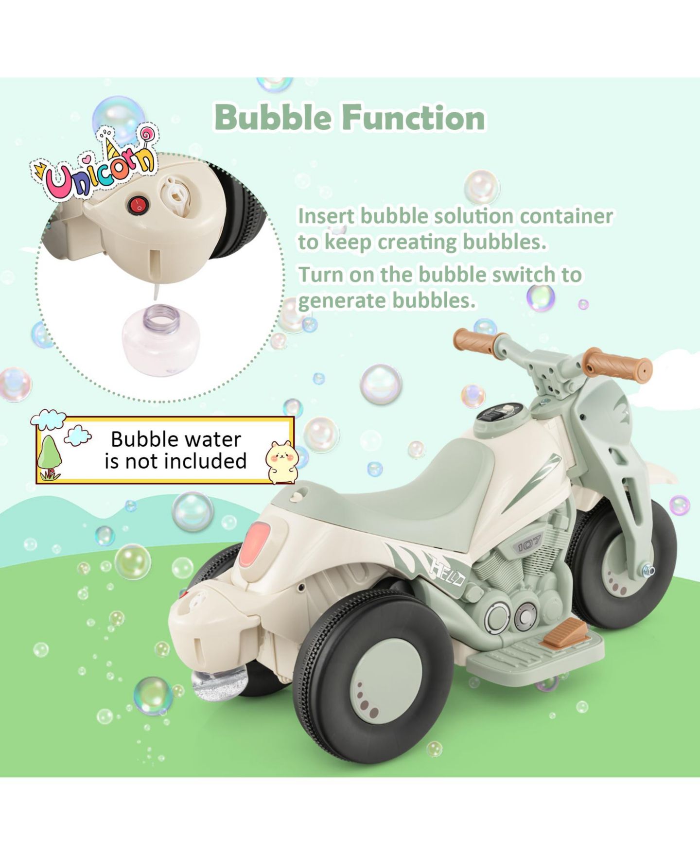Детская игрушка VEBREDA 6V Kids Electric Motorcycle with Bubble Maker and LED Headlights Ride-On, Ages 3+, цвет: Бежевый — фото 8