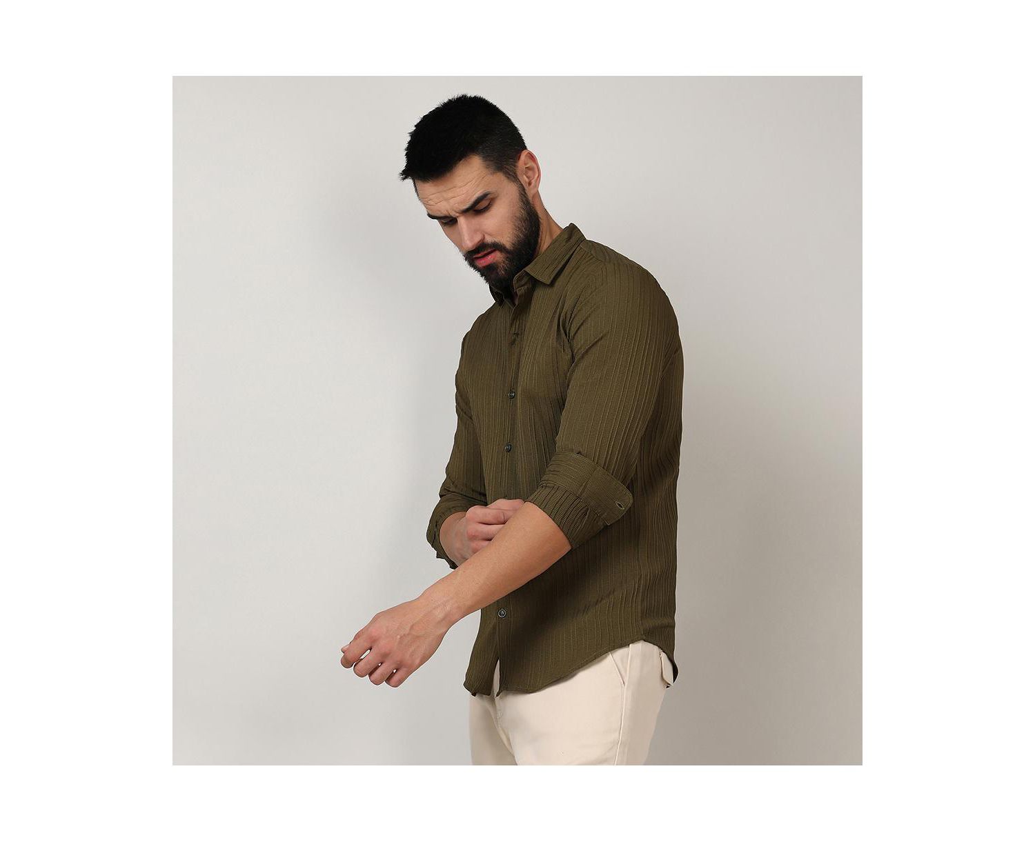Men's Olive Green Self-Design Striped Shirt