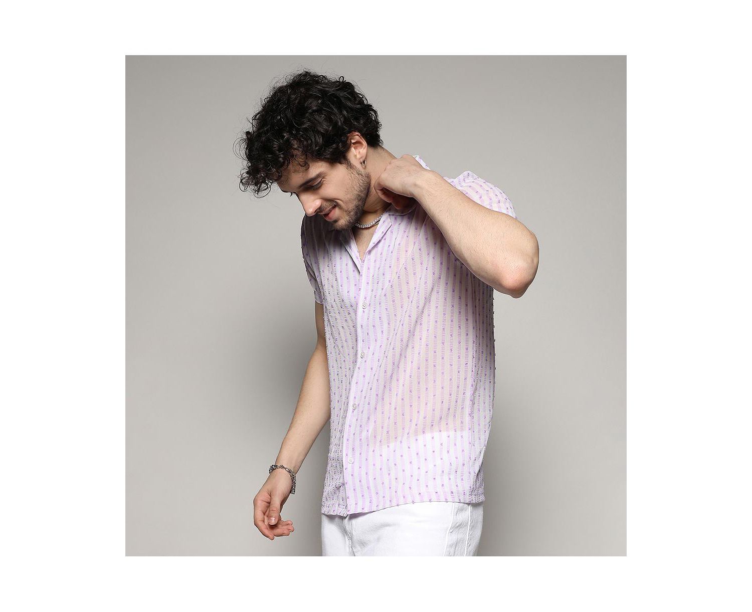 Men's White & Lavender Balanced Striped Shirt