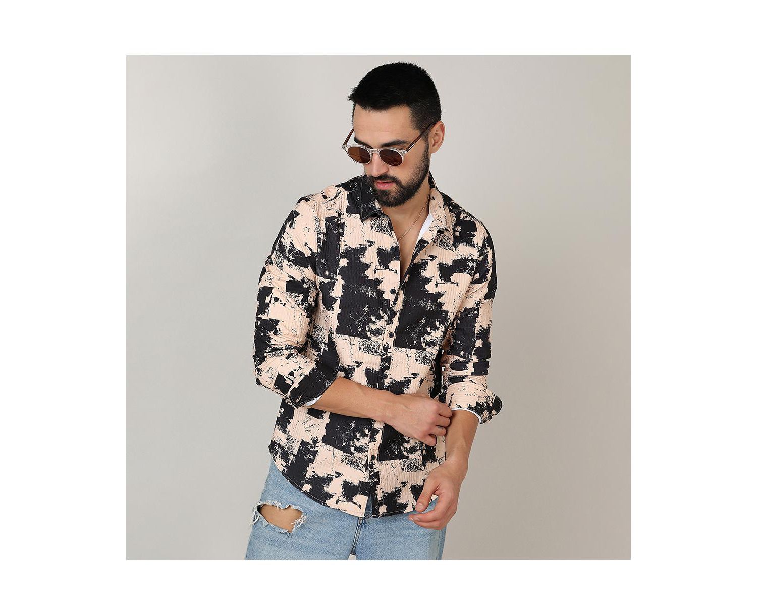 Men's Beige & Black Paint Strokes Shirt