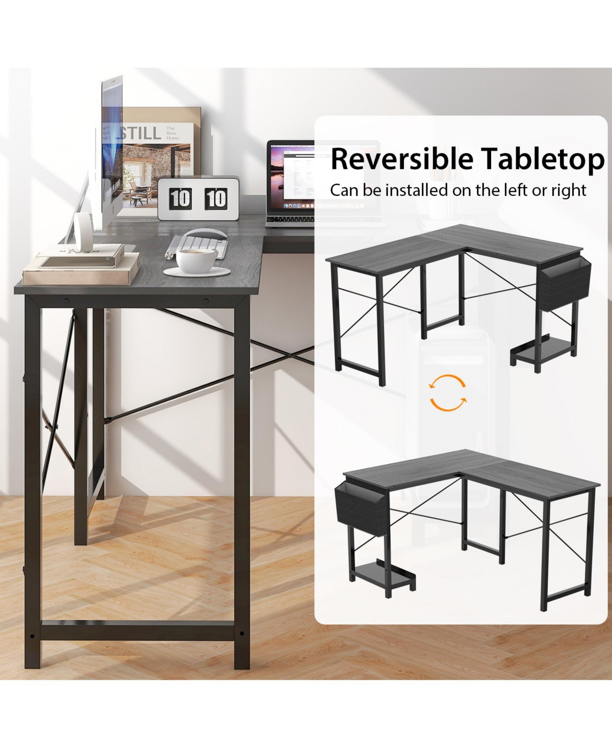 Skonyon Modern Reversible Computer Desk with Storage Pocket and Cpu Stand for Working Writing Gaming
