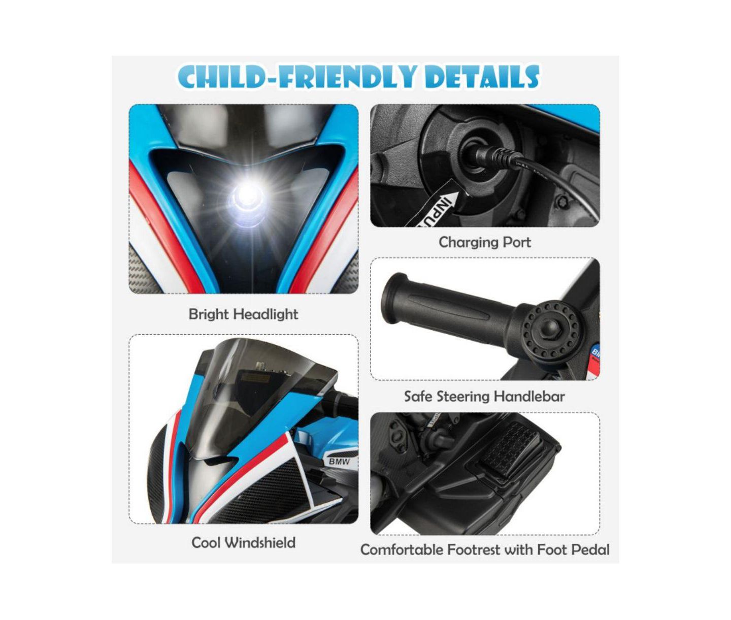Детская игрушка VEBREDA 12V Licensed Kids Toy Motorcycle Ride On Bike with LED Lights, Music and Forward Reverse Drive, цвет: Синий — фото 7