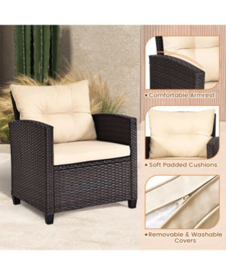 3 Pieces Patio Rattan Furniture Set with Washable Cushions and Tempered Glass Tabletop