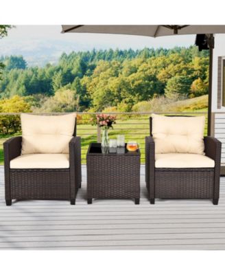 3 Pieces Patio Rattan Furniture Set with Washable Cushions and Tempered Glass Tabletop