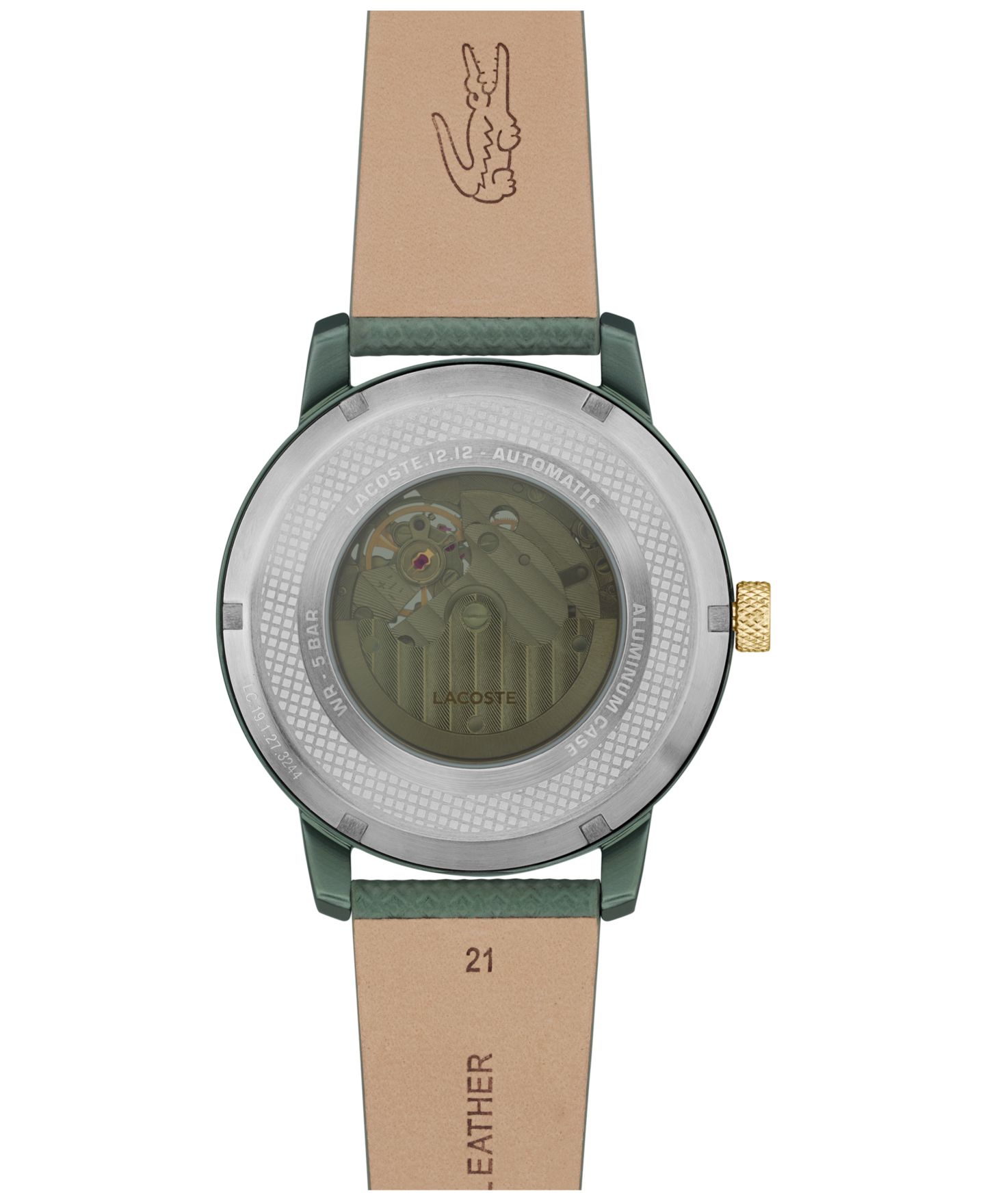 Мужские часы Lacoste L.12.12 Automatique Green Leather Strap Watch 44mm — фото 4