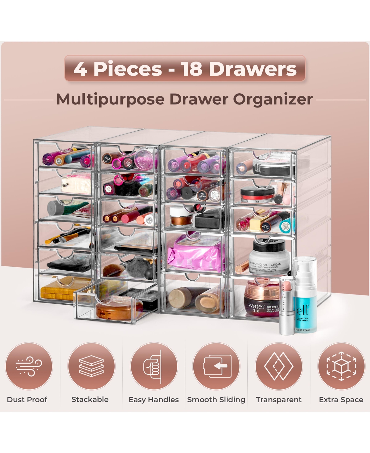 Sorbus 22 Drawers Acrylic Organizer for Makeup, Organization and Storage, Art Supplies, Jewelry, Stationary - 4 PcsStackable Storage Drawers