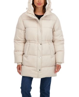 Women's 3/4 Cozy Lined Hooded Puffer Coat With Drawstring Waist