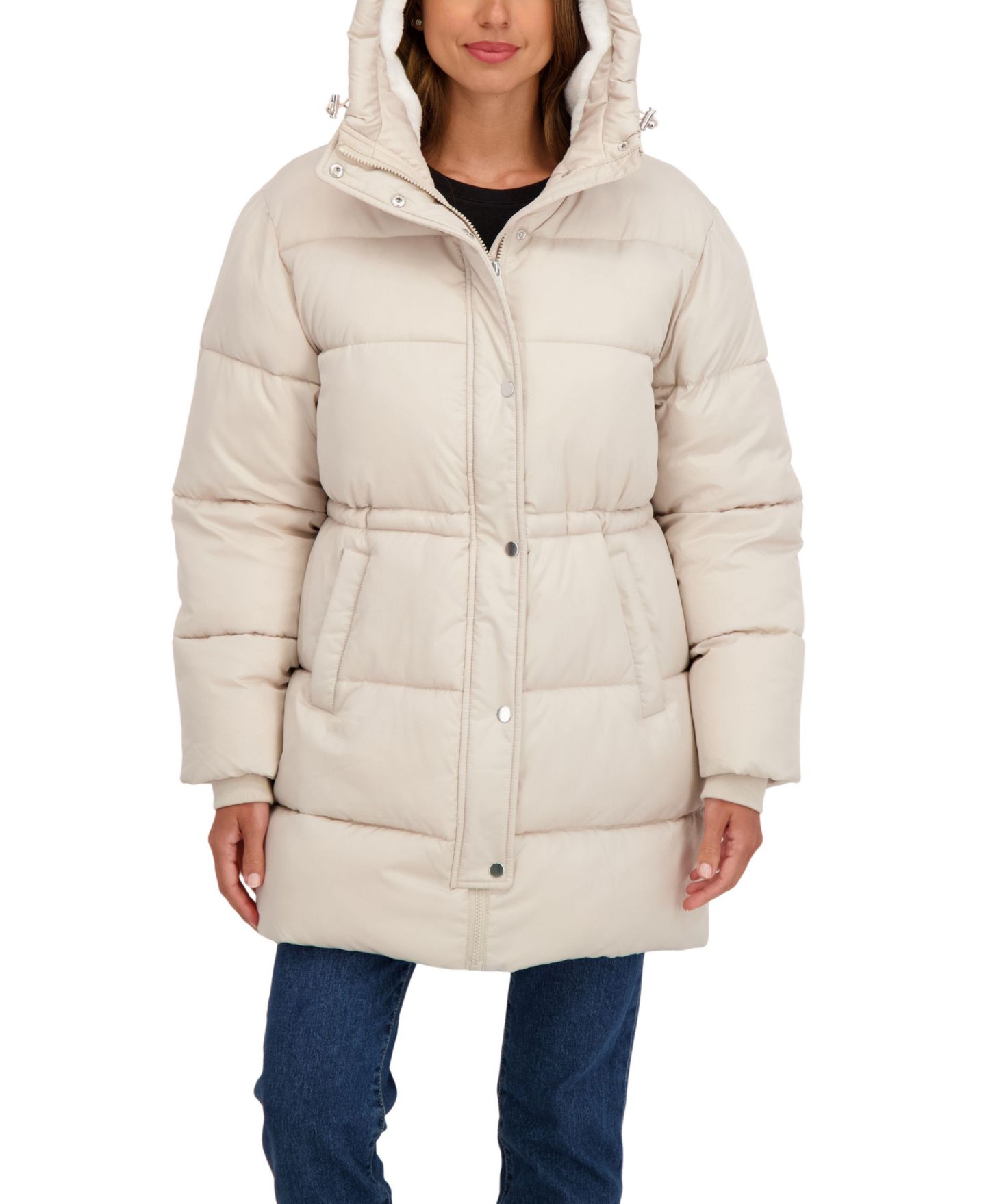 Женская куртка Sebby Collection 3/4 Cozy Lined Hooded Puffer Coat With Drawstring Waist, цвет: Бежевый — фото 4