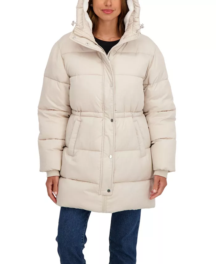 Women's 3/4 Cozy Lined Hooded Puffer Coat With Drawstring Waist - thumbnail 4