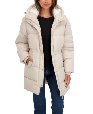 Women's 3/4 Cozy Lined Hooded Puffer Coat With Drawstring Waist