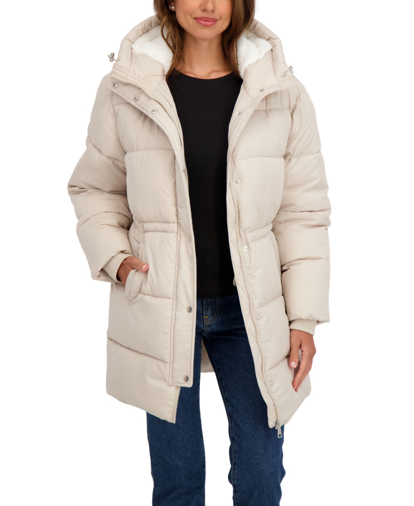 Женская куртка Sebby Collection 3/4 Cozy Lined Hooded Puffer Coat With Drawstring Waist, цвет: Бежевый — фото 3