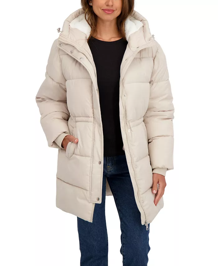 Women's 3/4 Cozy Lined Hooded Puffer Coat With Drawstring Waist - thumbnail 3