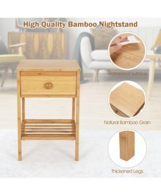 Set of 2 Bamboo End Tables with Drawer and Open Shelf