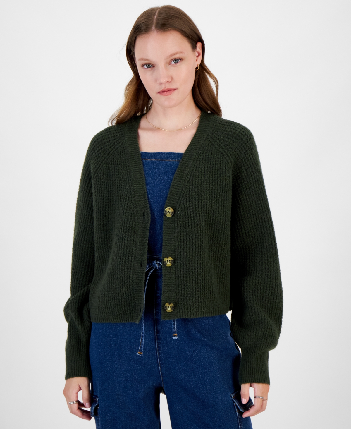 Juniors' V-Neck Button Front Cropped Cardigan - Lt Heather