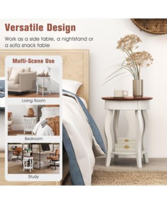 2-Tier Round End Table with Storage Shelf and Solid Rubber Wood Legs