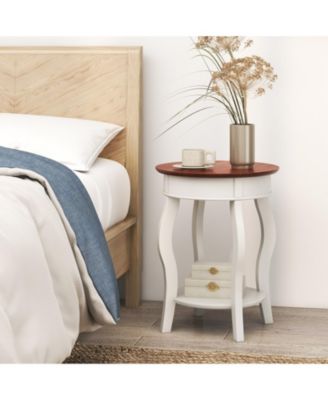 2-Tier Round End Table with Storage Shelf and Solid Rubber Wood Legs