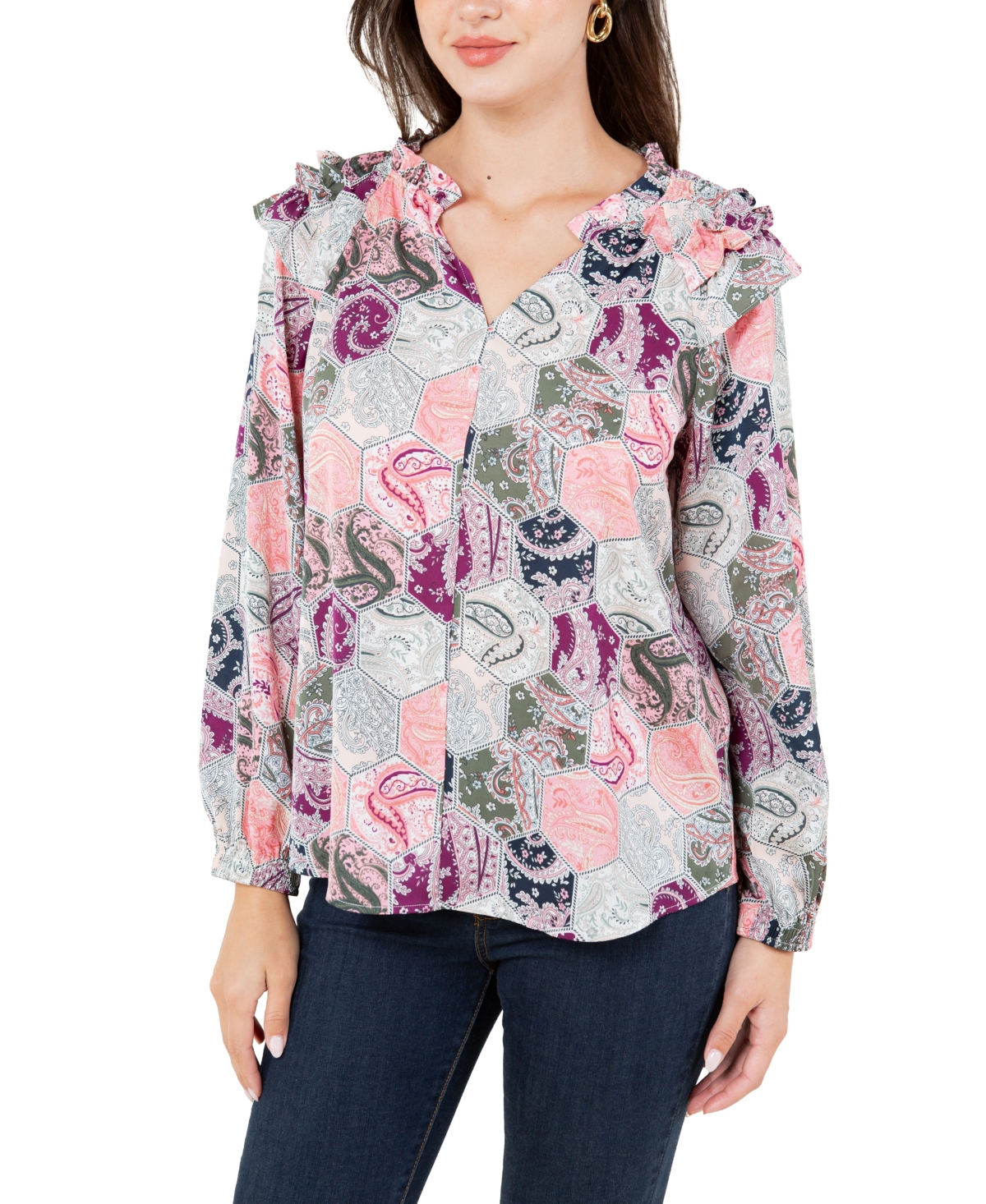 Women's Print Satin Like Top with Ruffle Shoulder Detail - Sea Pink