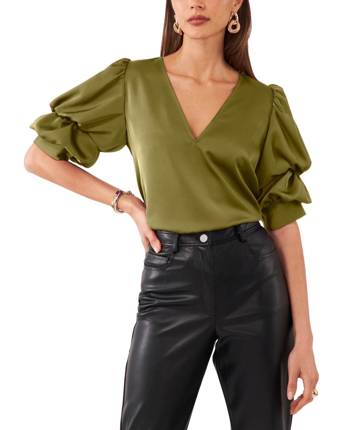 1.state Women's Tiered Bubble-Sleeve V-Neck Blouse