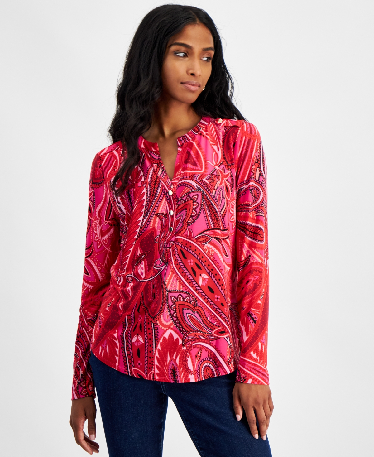 INC INTERNATIONAL CONCEPTS PETITE PRINTED LONG-SLEEVE TOP, CREATED FOR MACY'S 