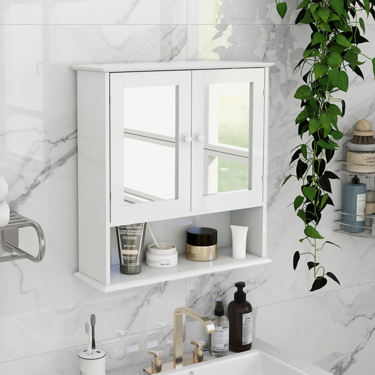 Bathroom Wall Cabinet With Double Mirror Doors And Shelves