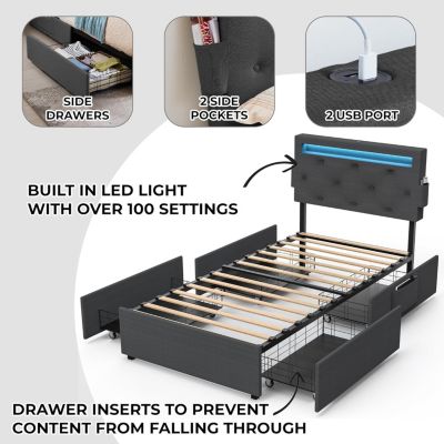 Twin Bed Frame with USB Charging, LED Lights, Headboard, Storage Drawers