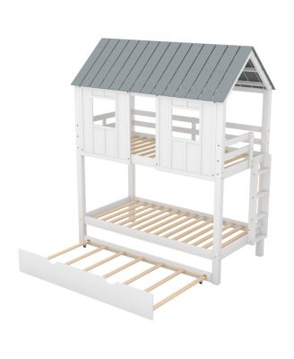 House Bunk Bed With Trundle, Roof And Windows Twin