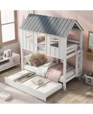 House Bunk Bed With Trundle, Roof And Windows Twin