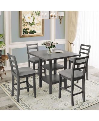 5-Piece Wooden Counter Height Dining Set With Padded Chairs And Storage Shelving