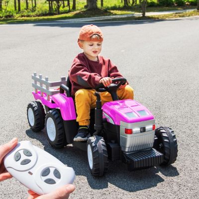 Pink 12V Kids' Electric Tractor with Trailer, Remote Control, Dual ...