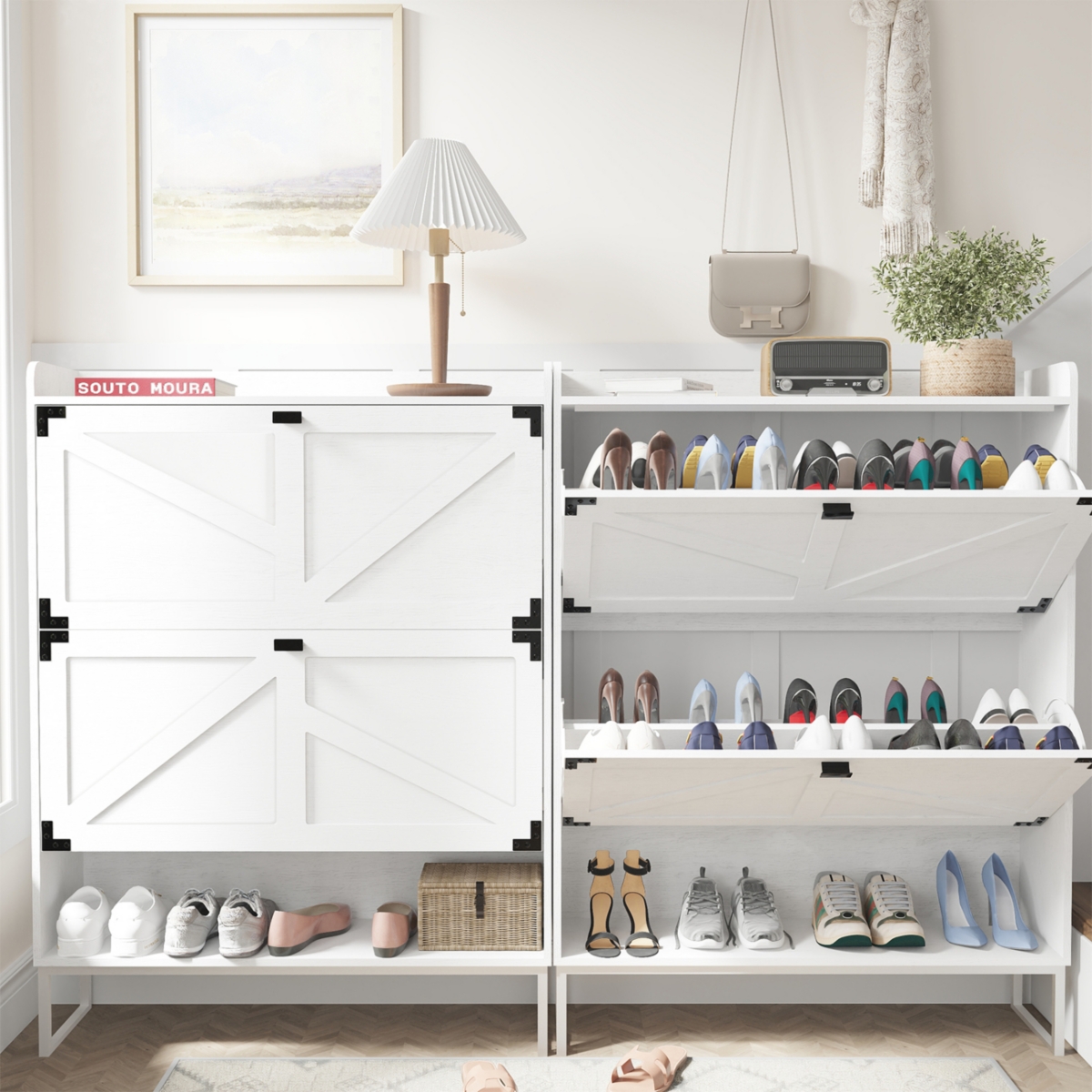 Simplie Fun Farmhouse Shoe Cabinet with Flip Drawers and Metal Legs