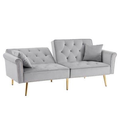   Velvet Tufted Sofa Couch with 2 Pillows and Nailhead Trim