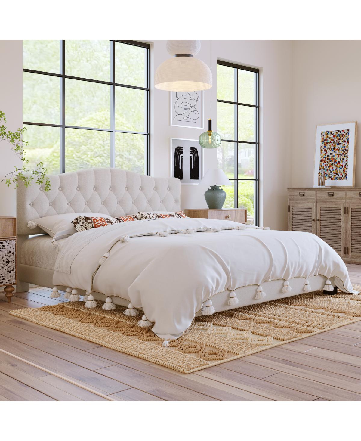 Streamdale Furniture Upholstered Platform Bed With Saddle Curved Headboard And Diamond Tufted Details, King