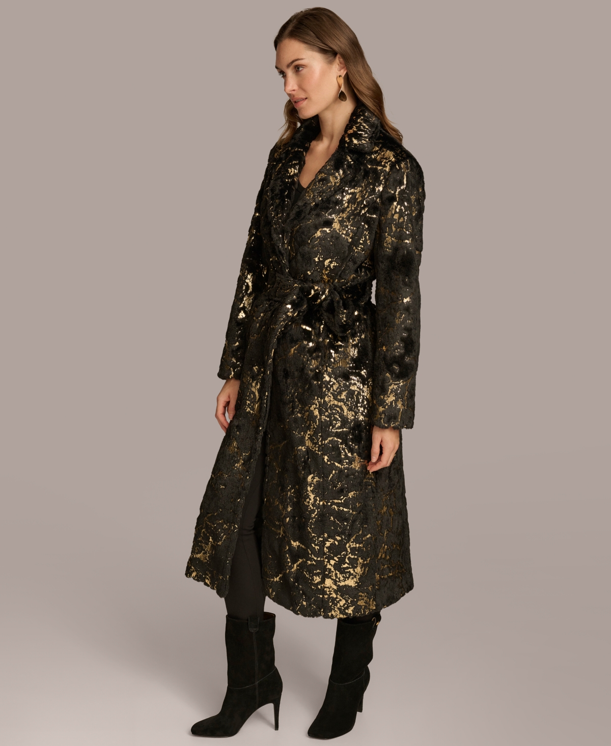 Donna Karan New York Women's Metallic Faux Fur Belted Coat