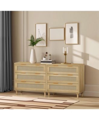 Modern 3-Drawer Oak Rattan Storage Cabinet (Set of 2)