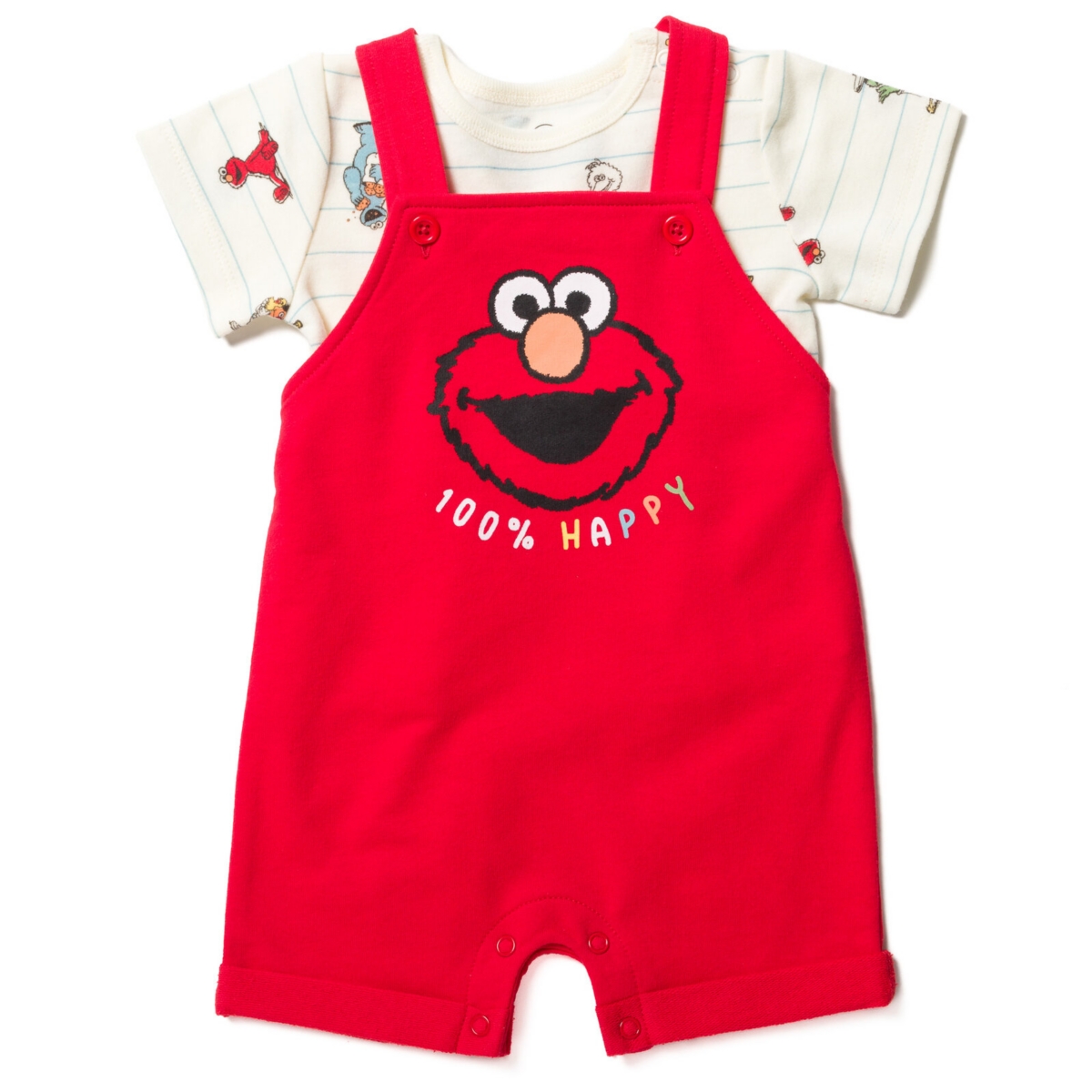 Sesame Street Baby Boys Elmo French Terry Short Overalls T-Shirt and Hat 3 Piece Outfit Set to -/ white