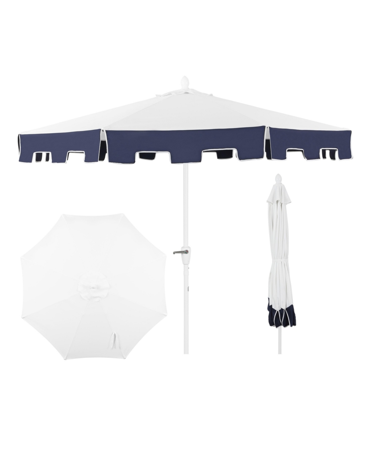 Baiona 9 ft Market Patio Umbrella, Uv Protection, Auto-Tilt, Crank, Wind Vent - White/navy