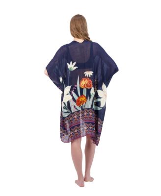 Tahari Women's 100% Viscose Lightweight Tropical Print Kimono, Navy