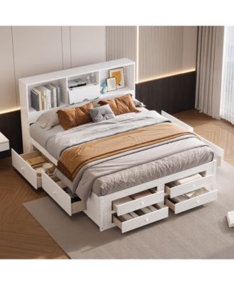Streamdale King Size Platform Bed with Storage Headboard and 8 Drawers, White