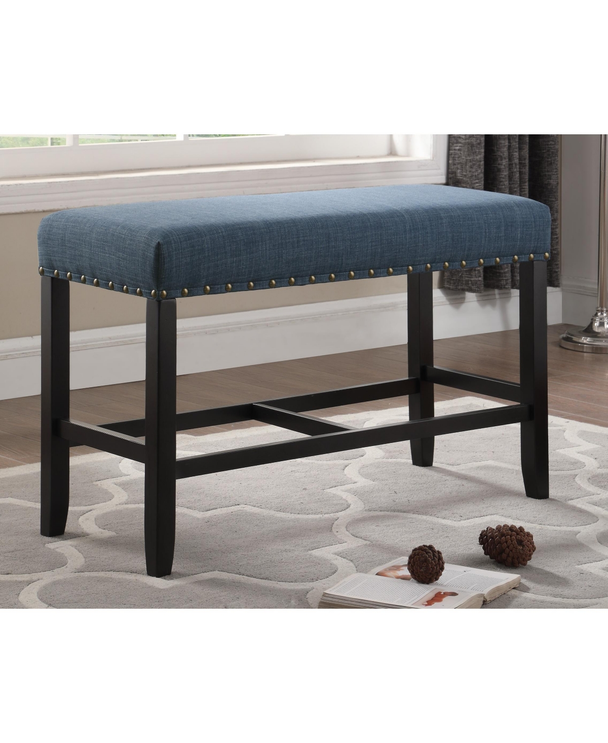 Streamdale Furniture Fabric Counter Height Dining Bench with Nailhead Trim, Blue