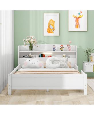 Wood Full Size Platform Bed With Built-In LED Light, Storage Headboard And Guardrail, White
