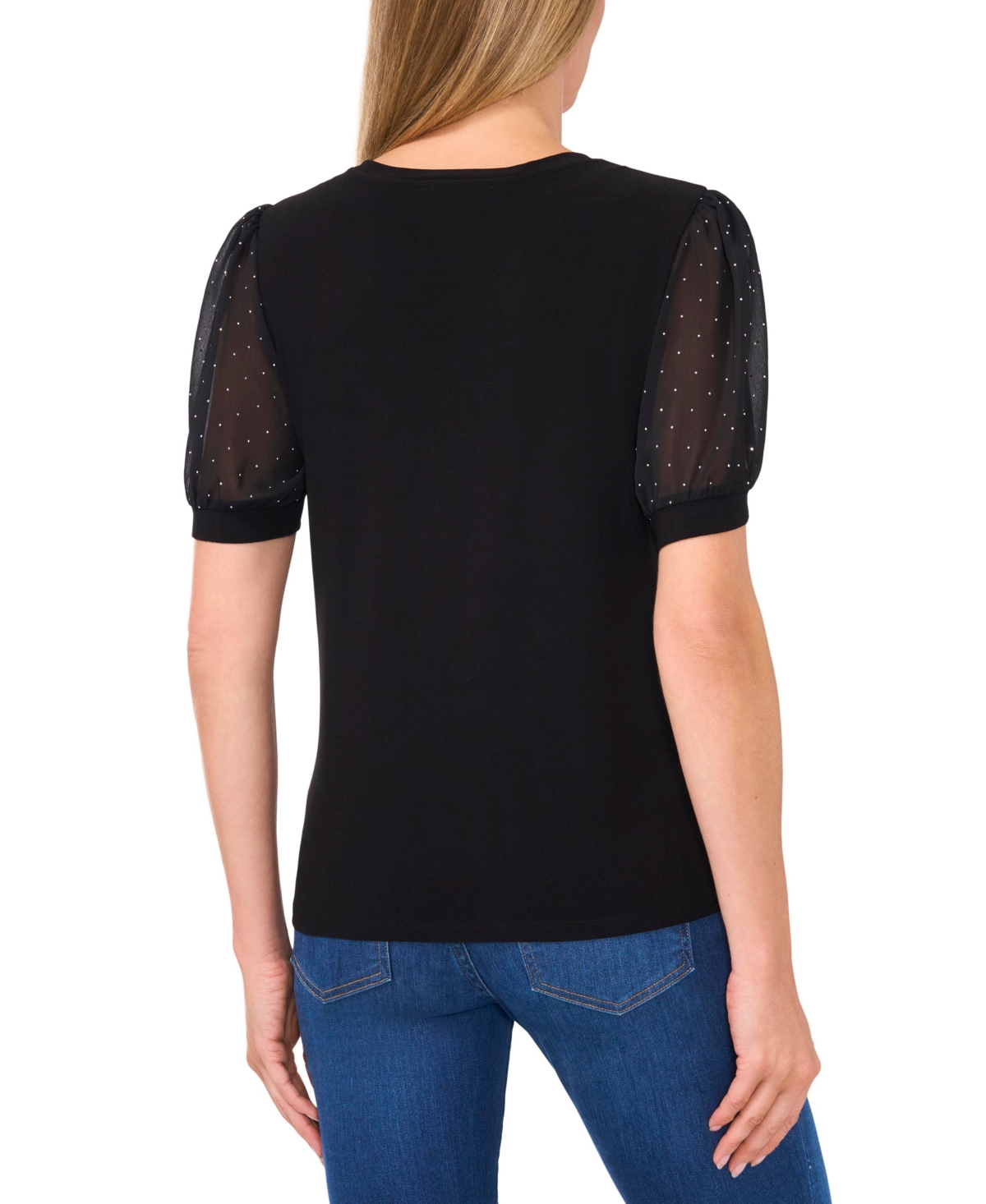 CeCe Women's Bejeweled Mixed Media Puff Sleeve Top