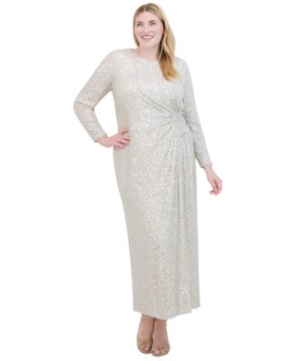 Eliza J - Plus Size Boat-Neck Long-Sleeve Sequin Gown