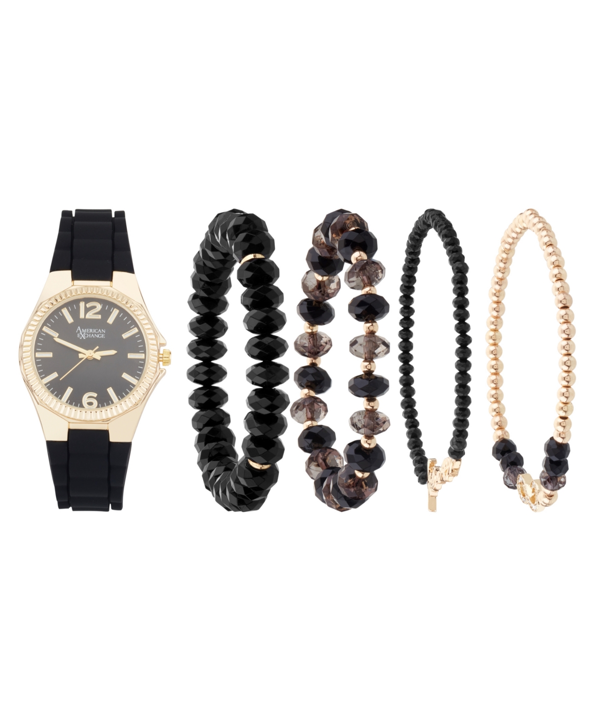 Women's Black Silicone Strap Analog Watch 35mm with Stackable Bracelets Gift Set - Black