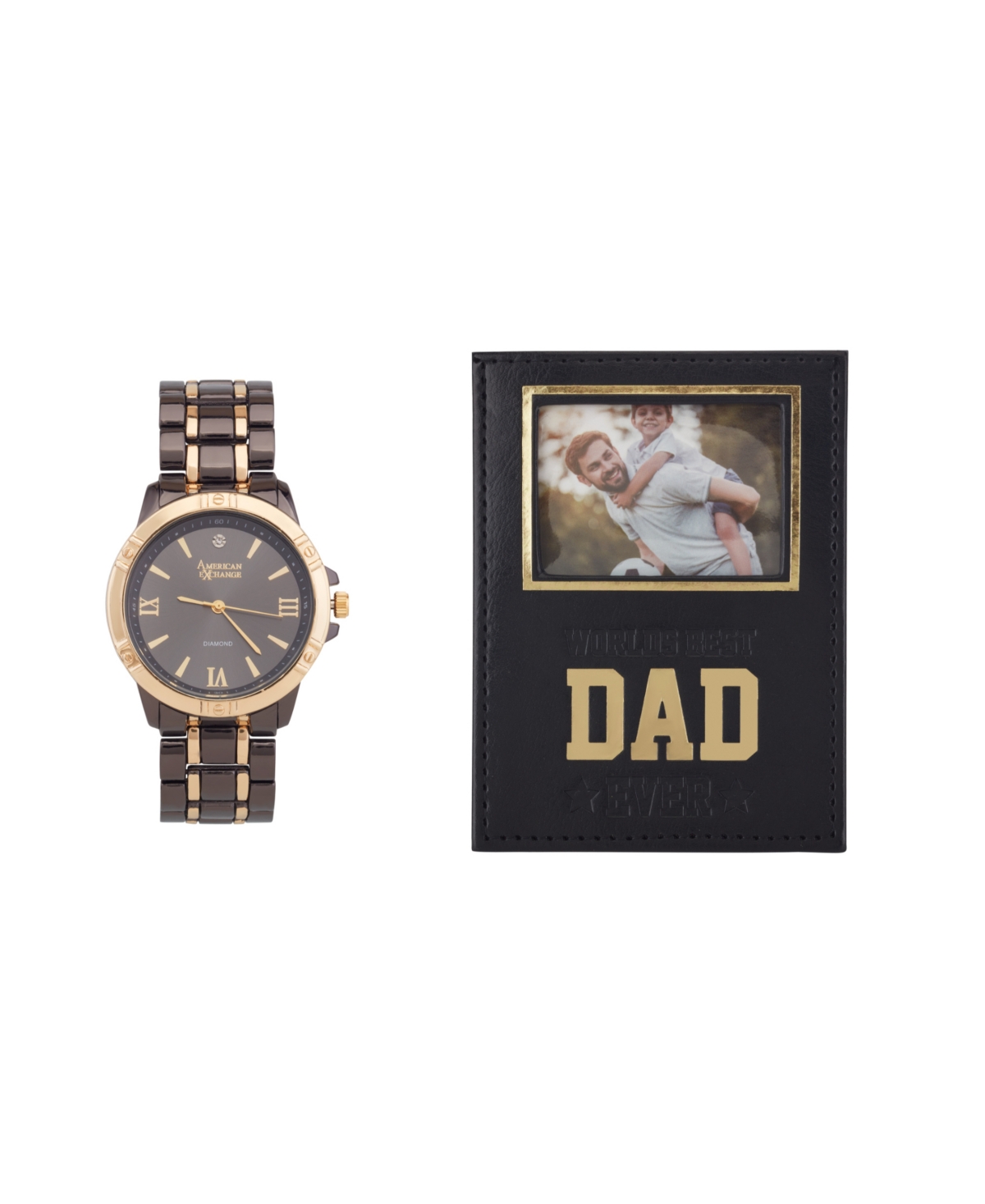 AMERICAN EXCHANGE MEN'S TWO-TONE METAL ALLOY BRACELET ANALOG WATCH 42MM GIFT SET 