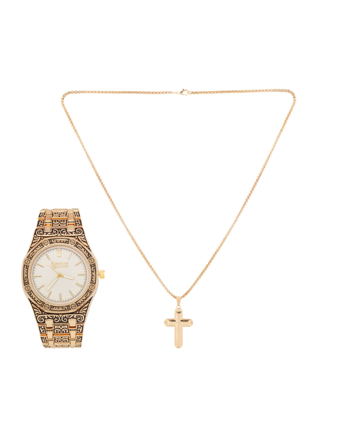 Men's Shiny Gold Antique Metal Alloy Analog Watch 41.5mm with Cross Pendant Necklace Gift Set - Shiny Gold