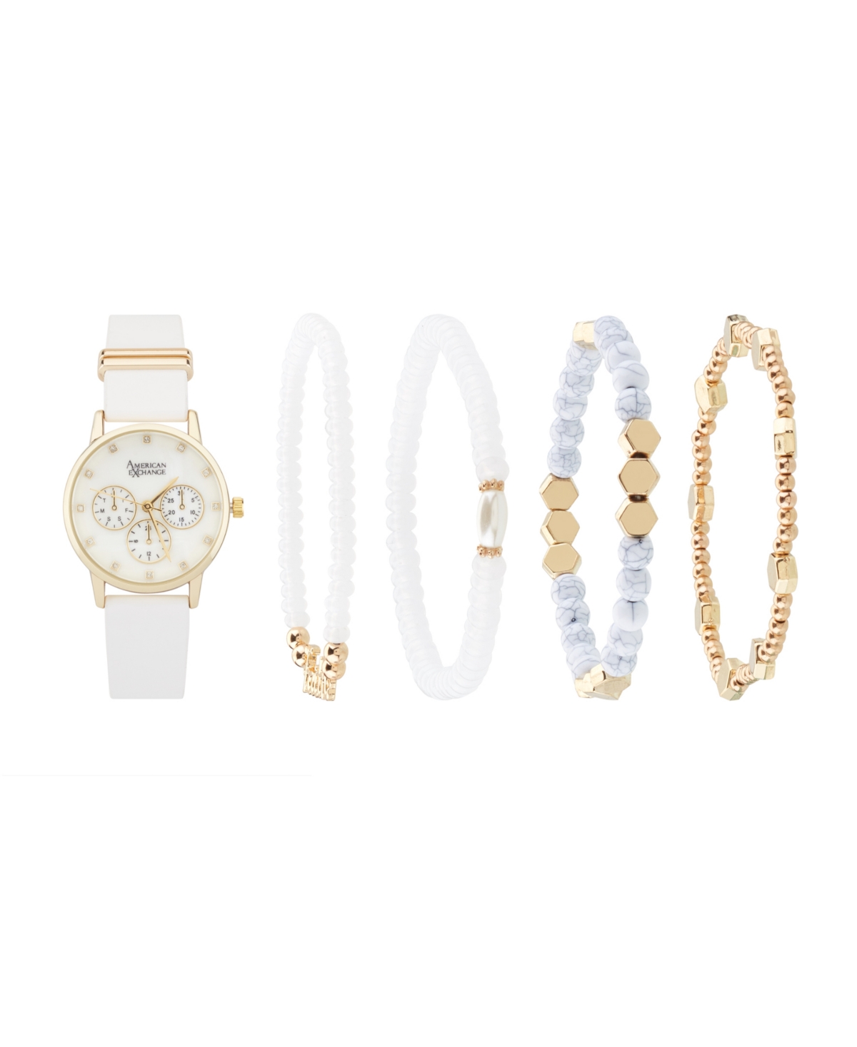 Women's White Patent Polyurethane Leather Strap Analog Watch 32mm with Stackable Bracelets Gift Set - White